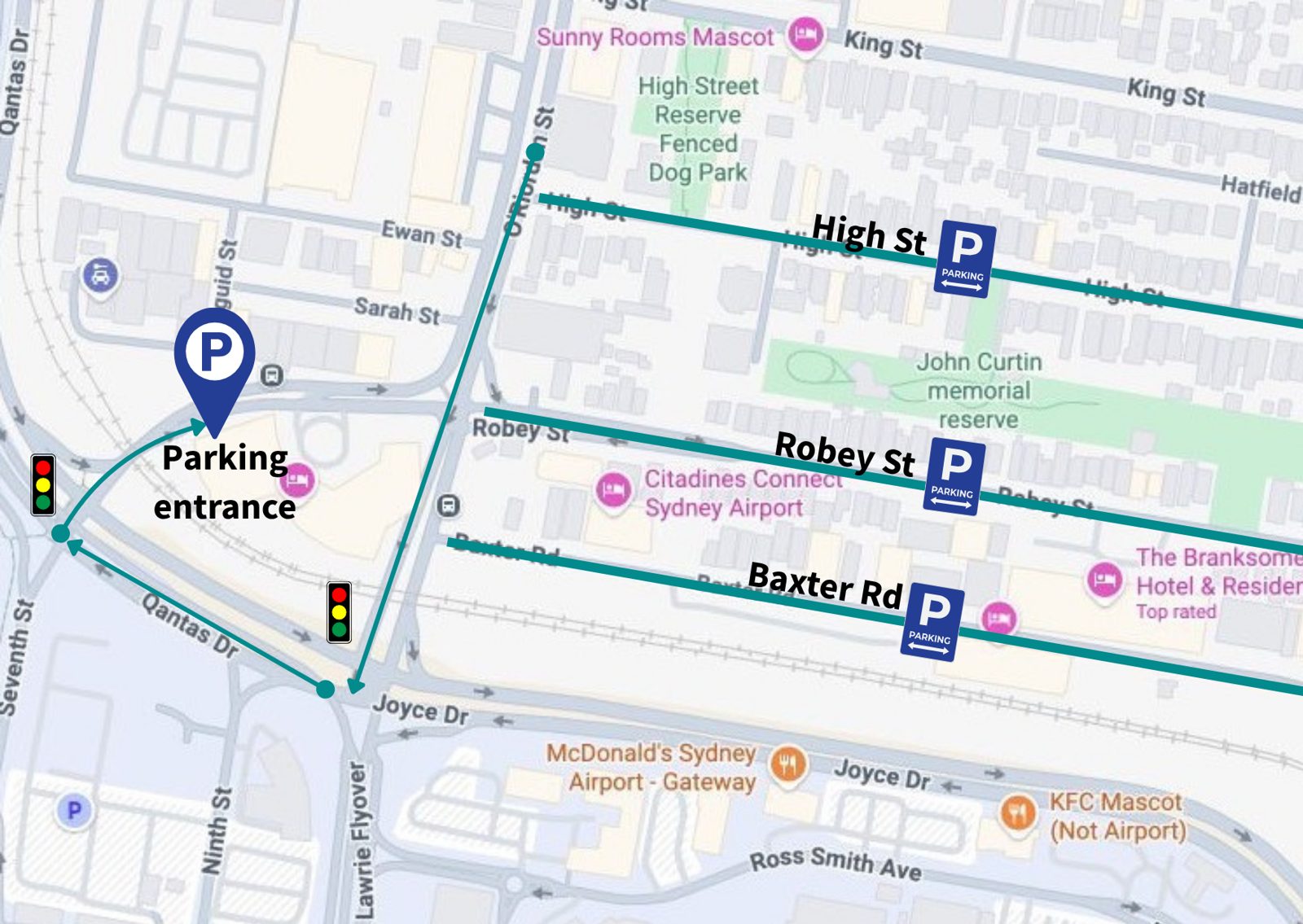 Parking map showing free street parking along High Street, Robey Street and Baxter Road, and the driving route and entrance to the Stamford Plaza hotel car park on Robey Street